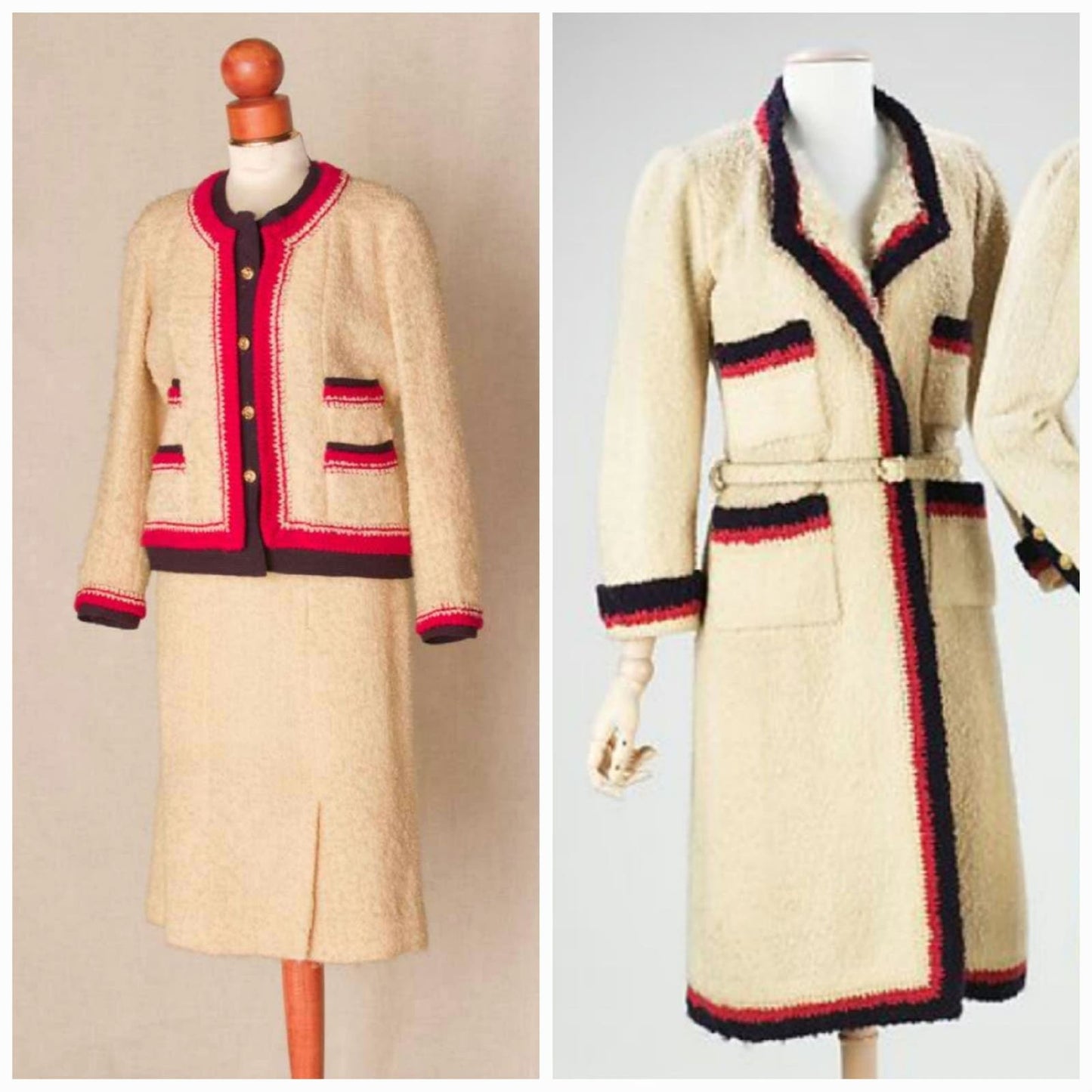 Vintage 60s Adolfo Skirt Suit Cream Blue Red Knit in Chanel Style