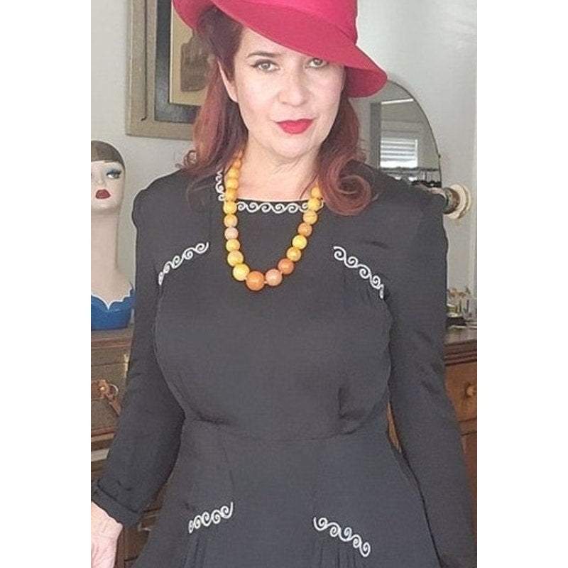 Vintage 40s Embroidered Dress Black Rayon Long Sleeve