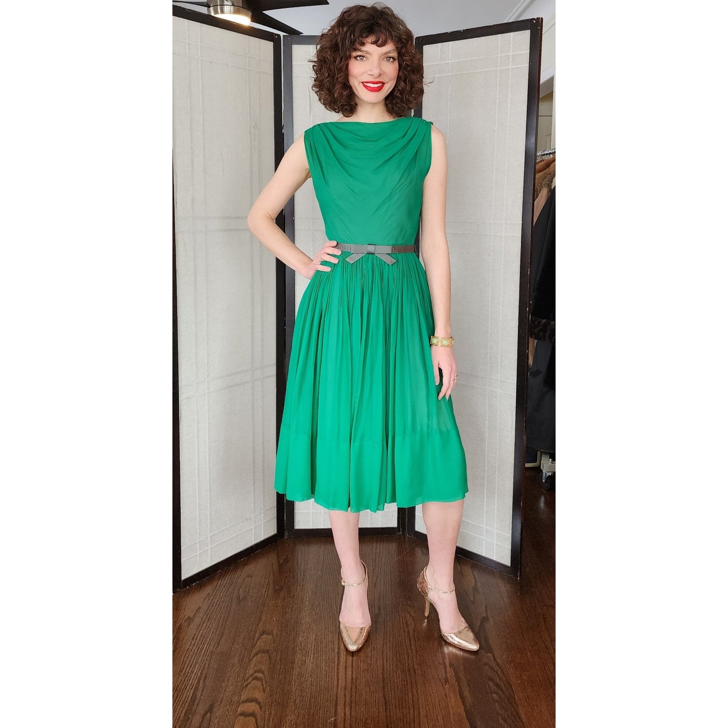 Vintage 50s Green Chiffon Party Dress by L'Aiglon