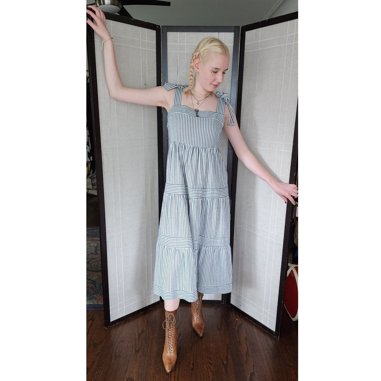 Vintage 70s Sun Dress Gray Stripe Ruffled Skirt