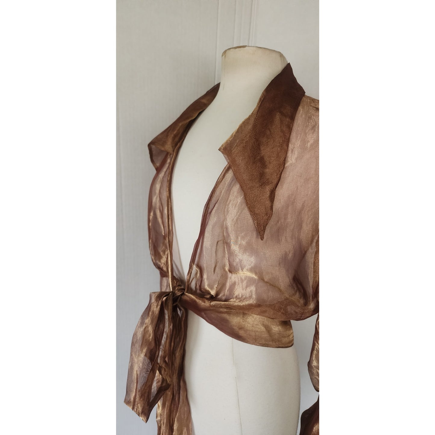 Vintage 90s Sheer Organza Blouse Jacket Copper Brown Sash Tie Belt