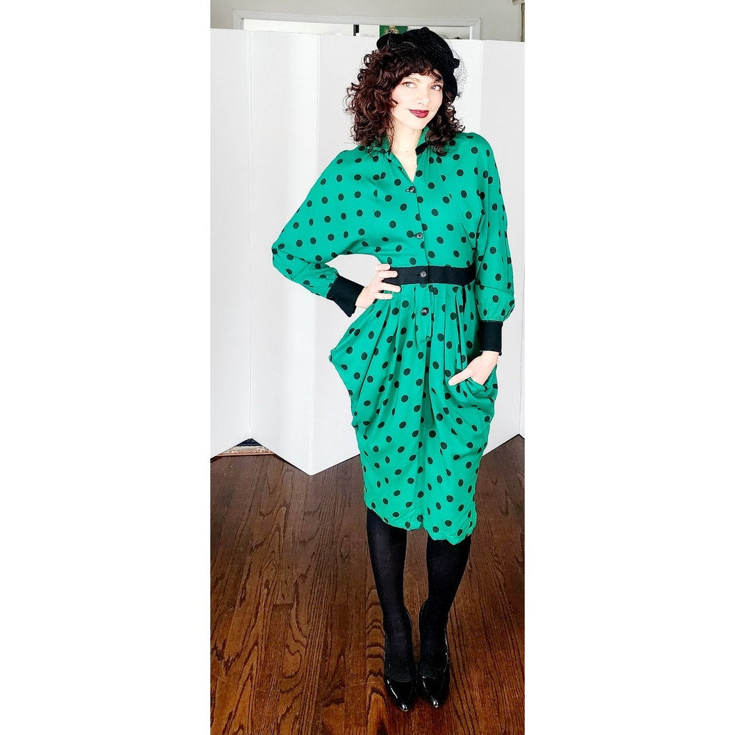 Vintage 80s Does 40s Green Polkadot Print Dress Peplum Pockets / Strawberry Studio / S