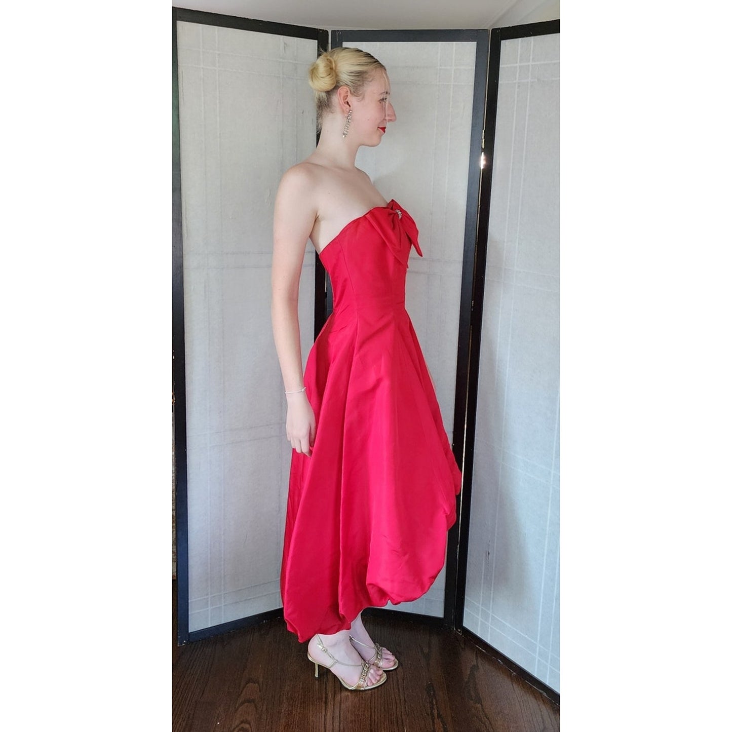 Vintage 80s Red Party Dress Strapless w/ Bubble Skirt & Bow by Climax