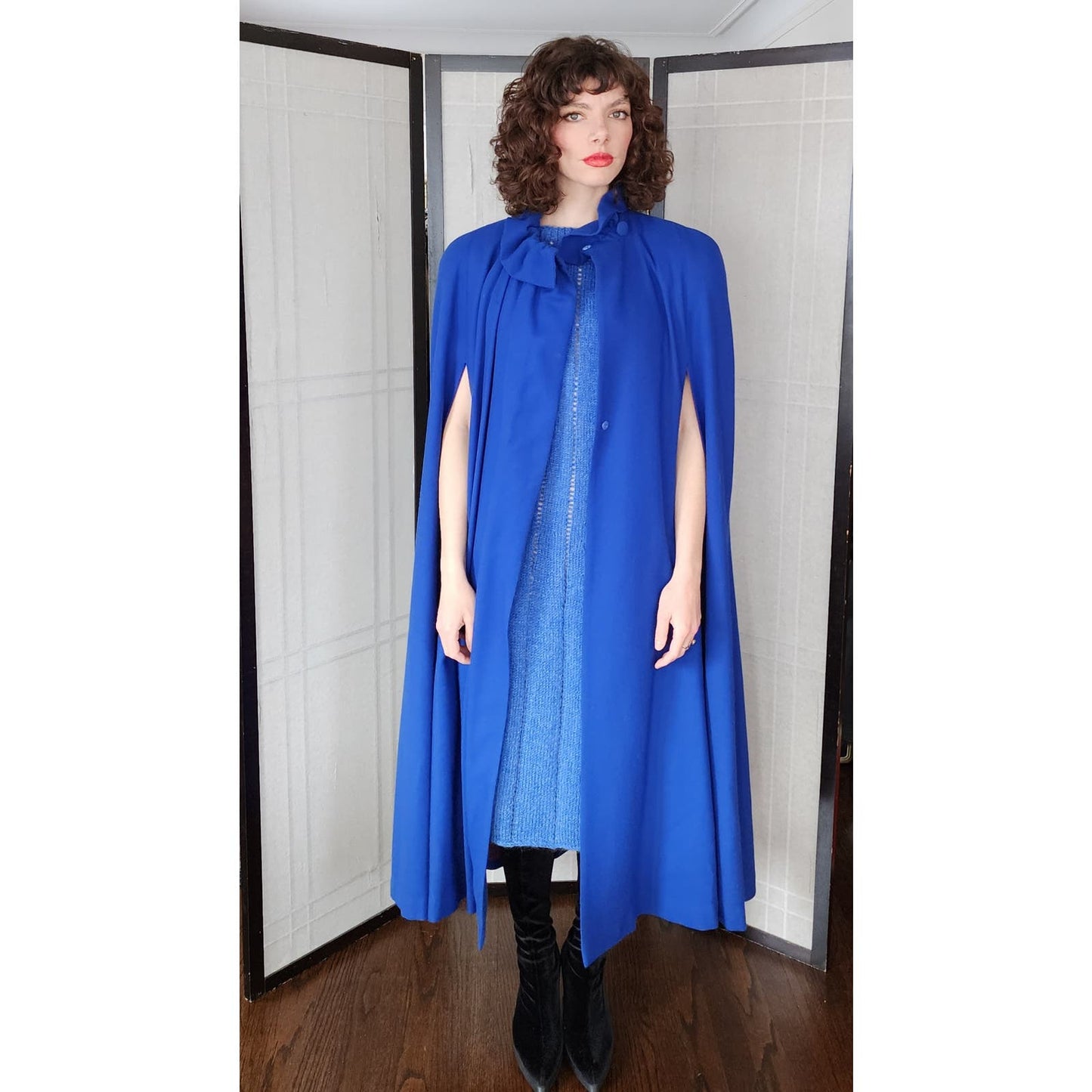 Vintage Blue Wool Cloak 80s Does 40s Large Shoulders