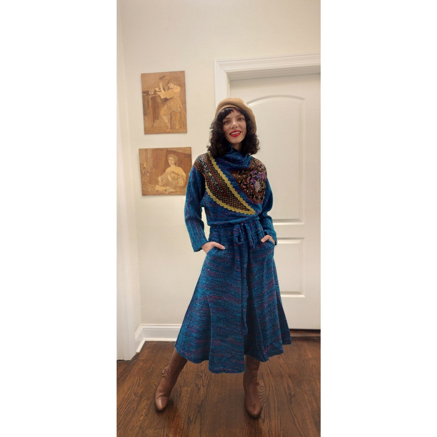 Vintage 1980s KOOS VAN DER AKKER Dress Blue Green Knit Floral Applique Gold Trim