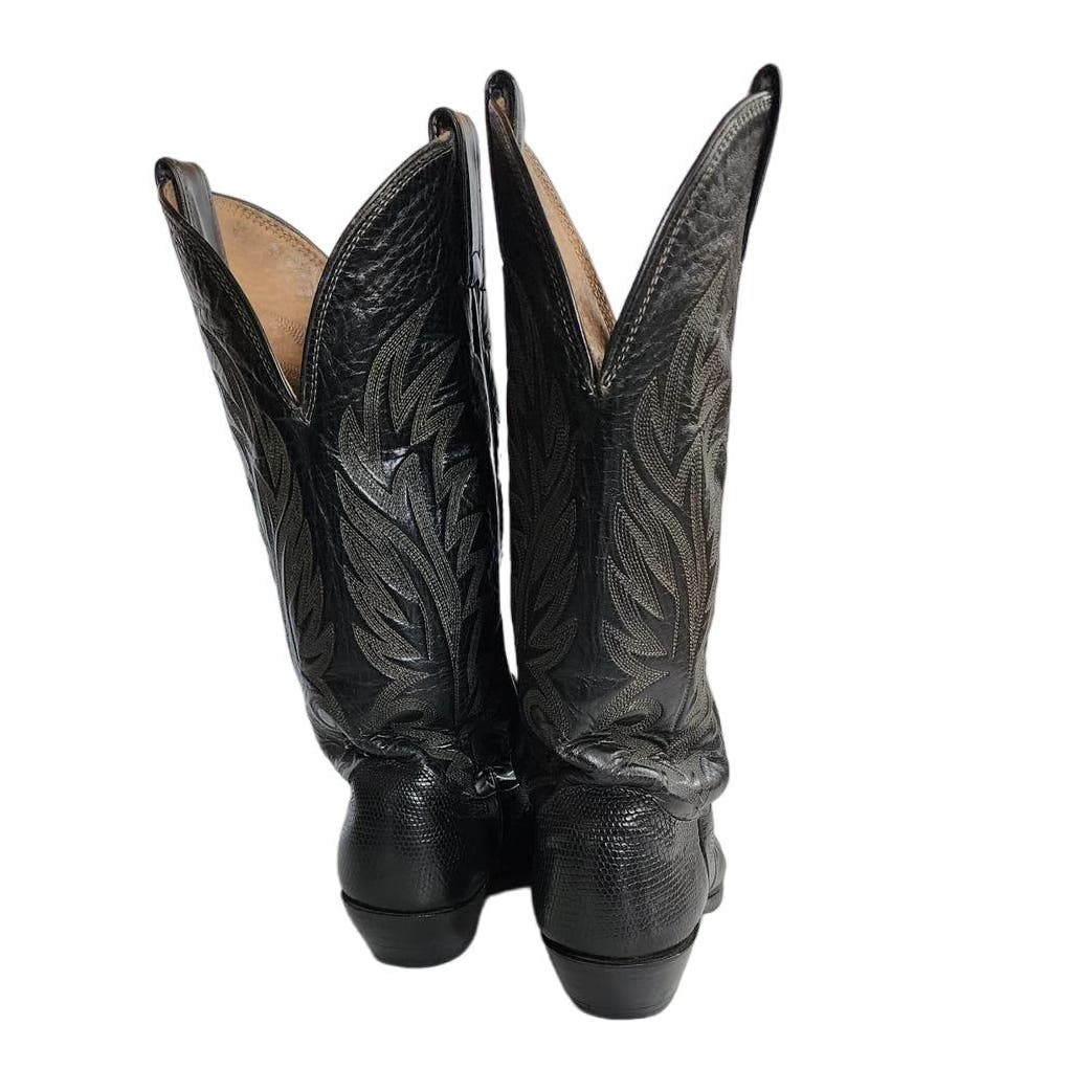 Vintage Ladies Cowboy Boots Tacco Black Tooled Leather Silver Etched Toes Snakeskin