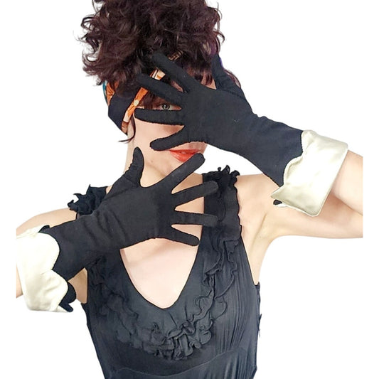 Vintage 40s Evening Gloves Black w/Cream Satin Scallop Edged Cuffs