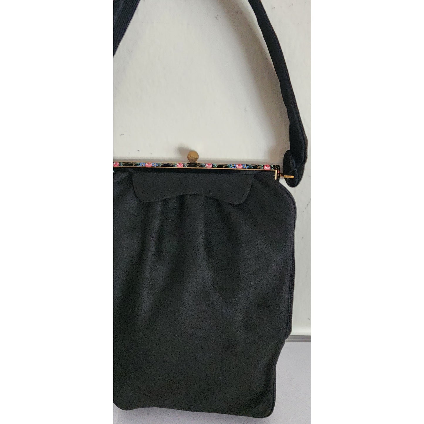 Vintage 40s Rosenfeld Handbag Black Brushed Suede Floral Enamel Frame
