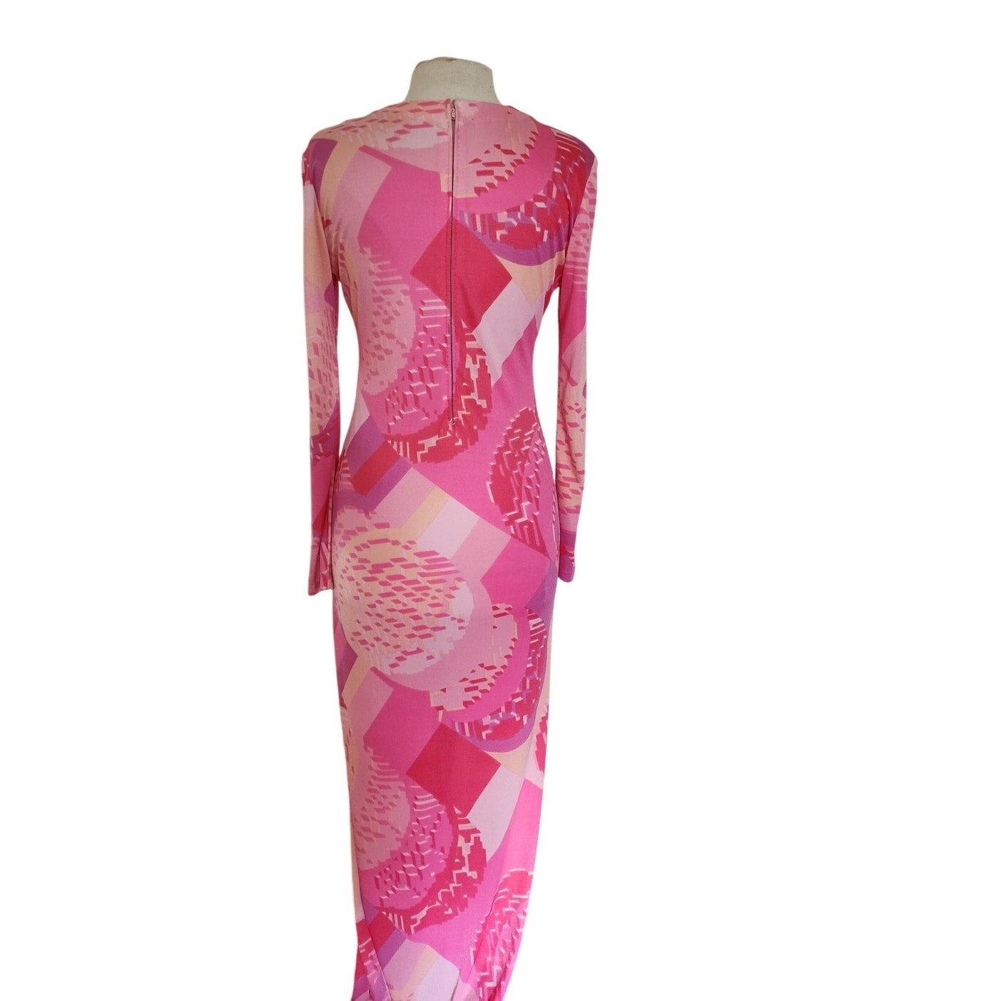 Vintage 1970s Maxi Dress Pink Red Geometric Print Rayon Jersey Stretch