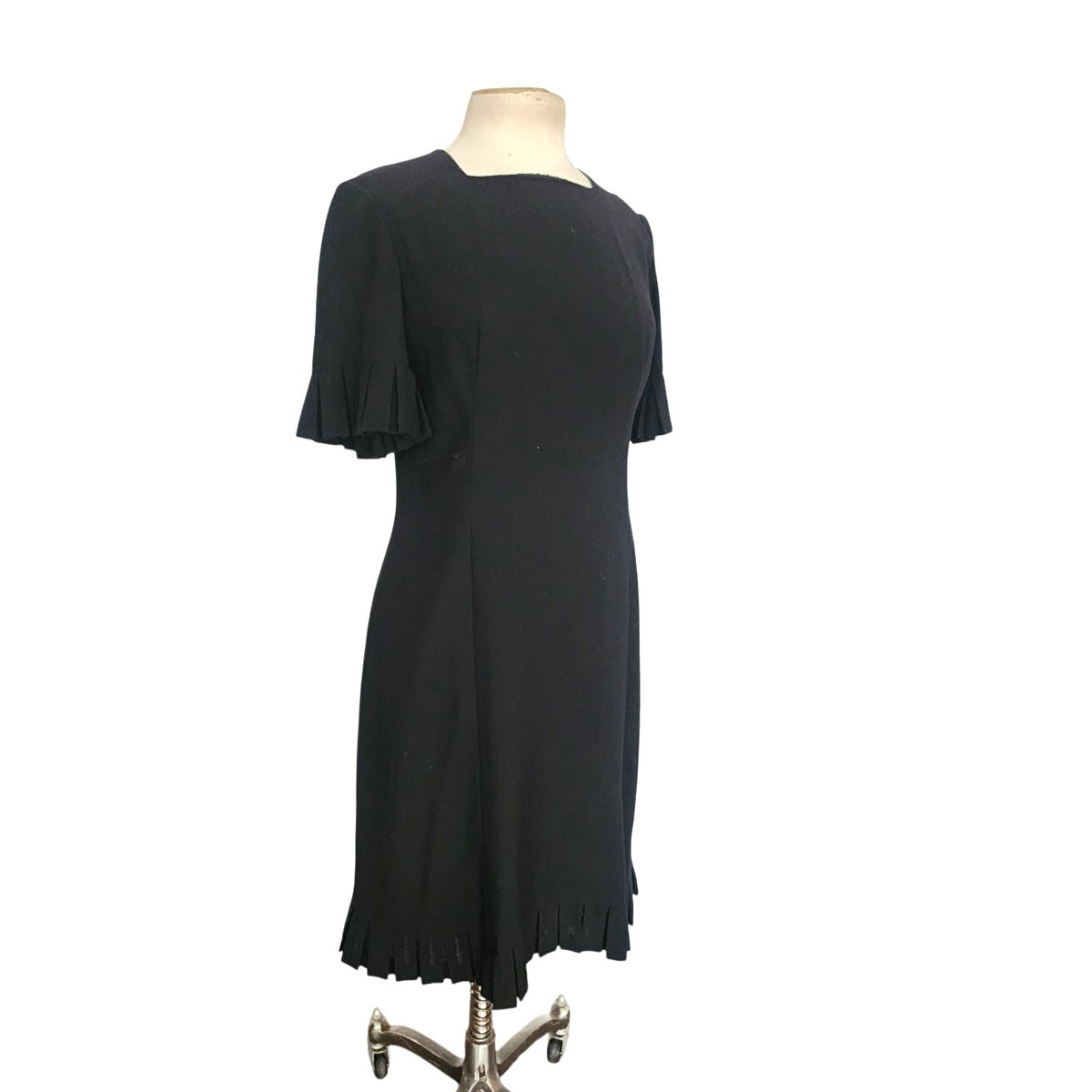 Vintage 1960s Sorelle Fontana Dress Black Rayon Crepe Pleated Fringe Italian Designer