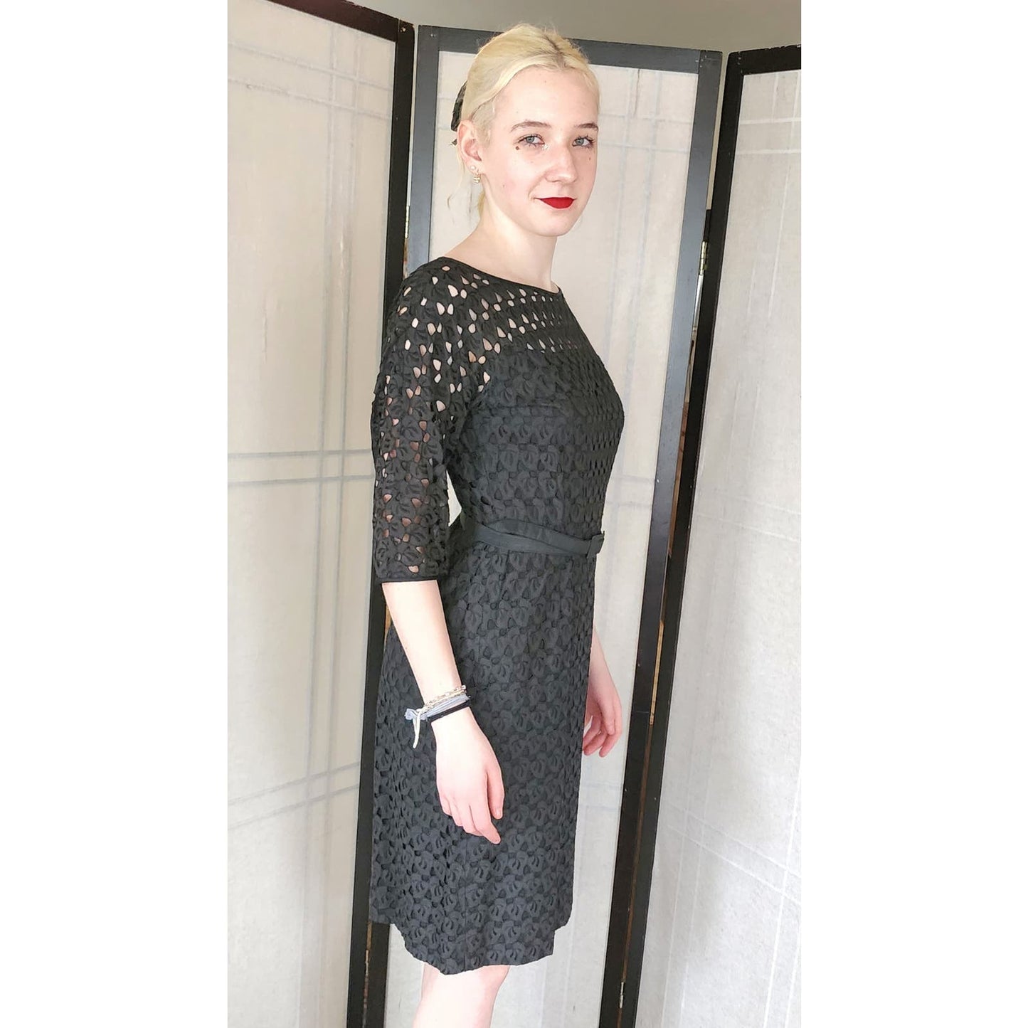 Vintage 50s Black Cocktail Dress Cut Lace Keyhole Back / M