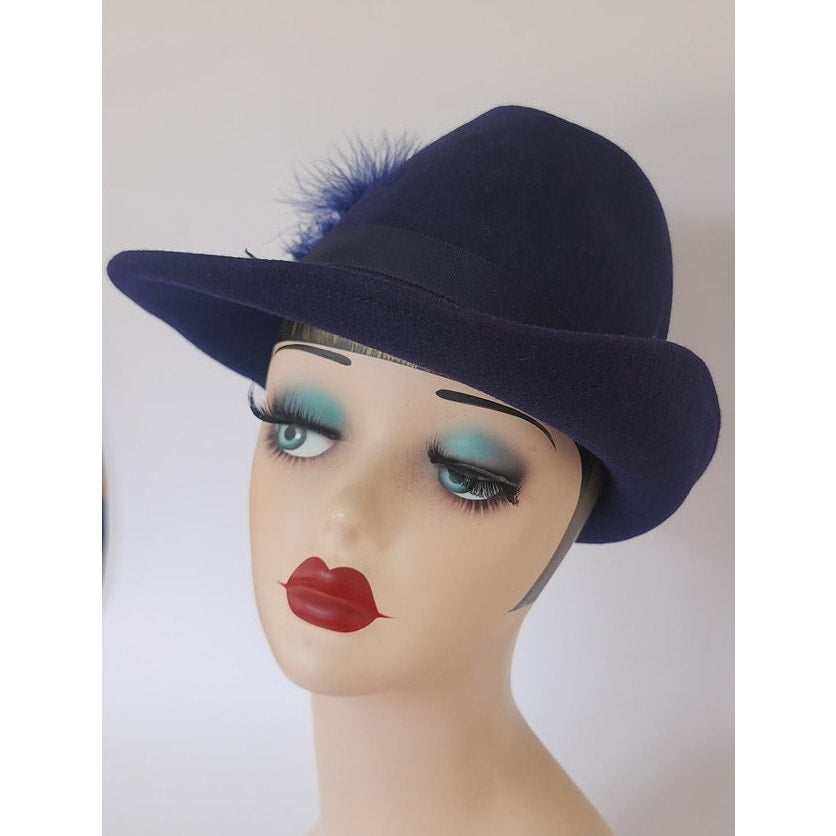 Vintage 1970s Ladies Fedora Blue Wool w/Feather Tally-Ho