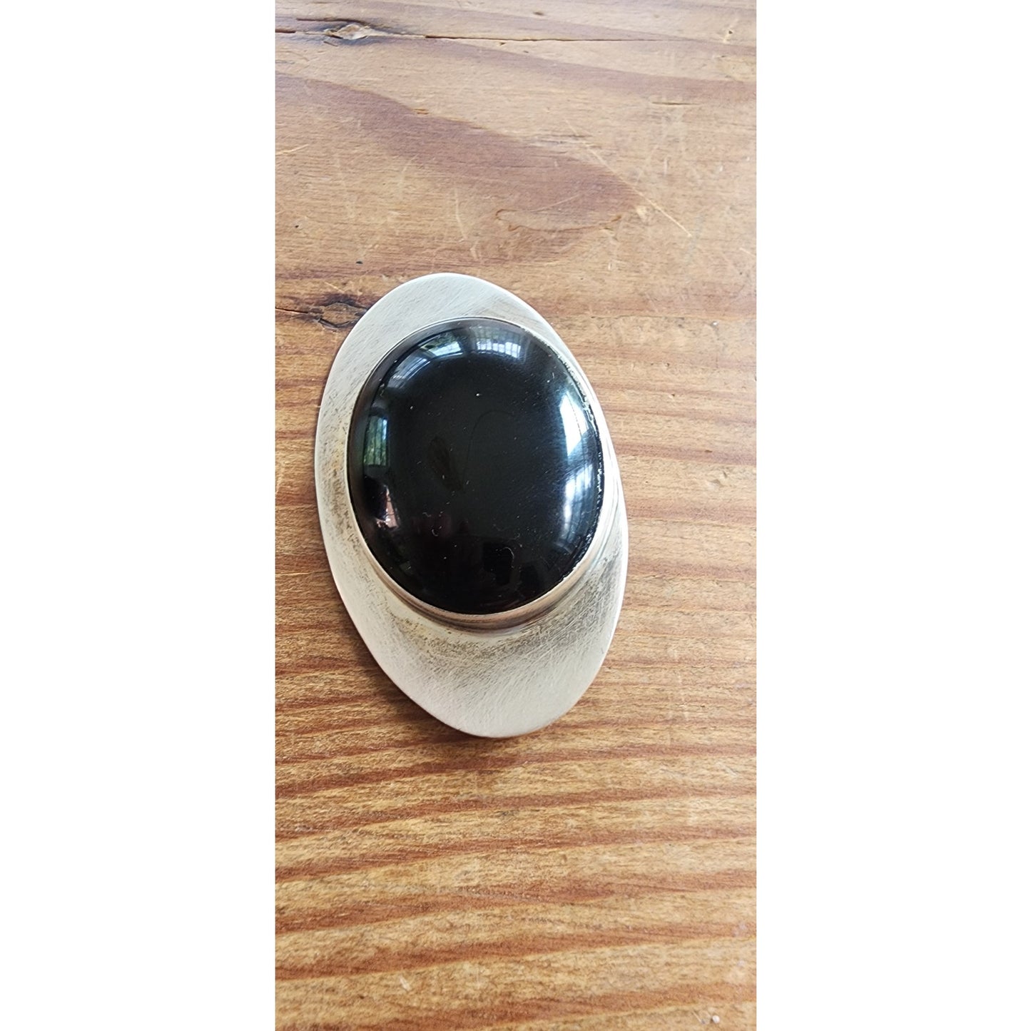 Vintage 90s Silver Brooch Black Onyx & Silver Eye Pin Signed