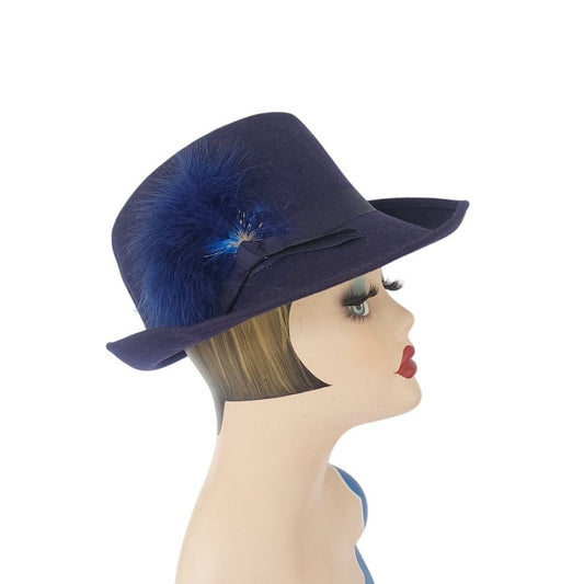 Vintage 1970s Ladies Fedora Blue Wool w/Feather Tally-Ho