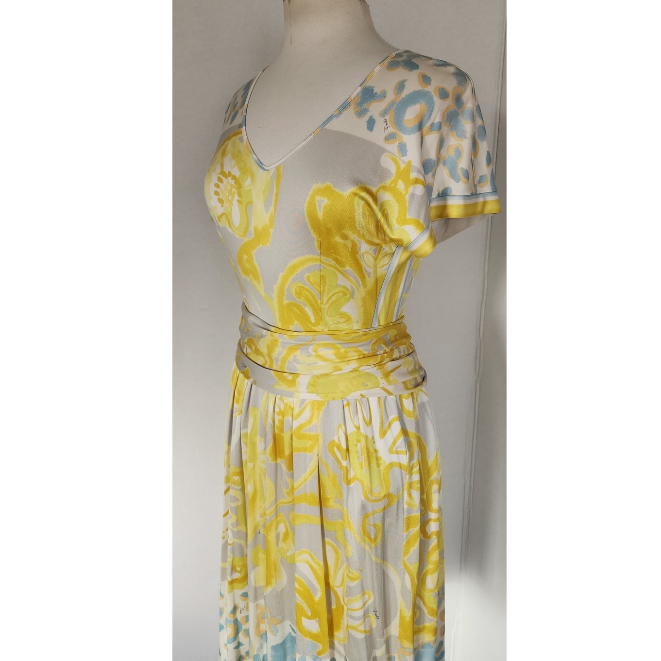 Emilio Pucci  Dress Short Sleeved Silkprint  Yellow Gray NWT
