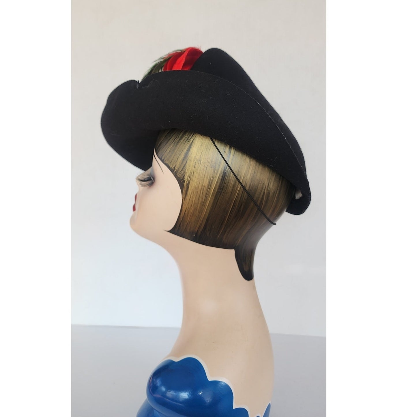 Vintage 1930s Robin Hood Hat Black Wool Red Feather New York Creation