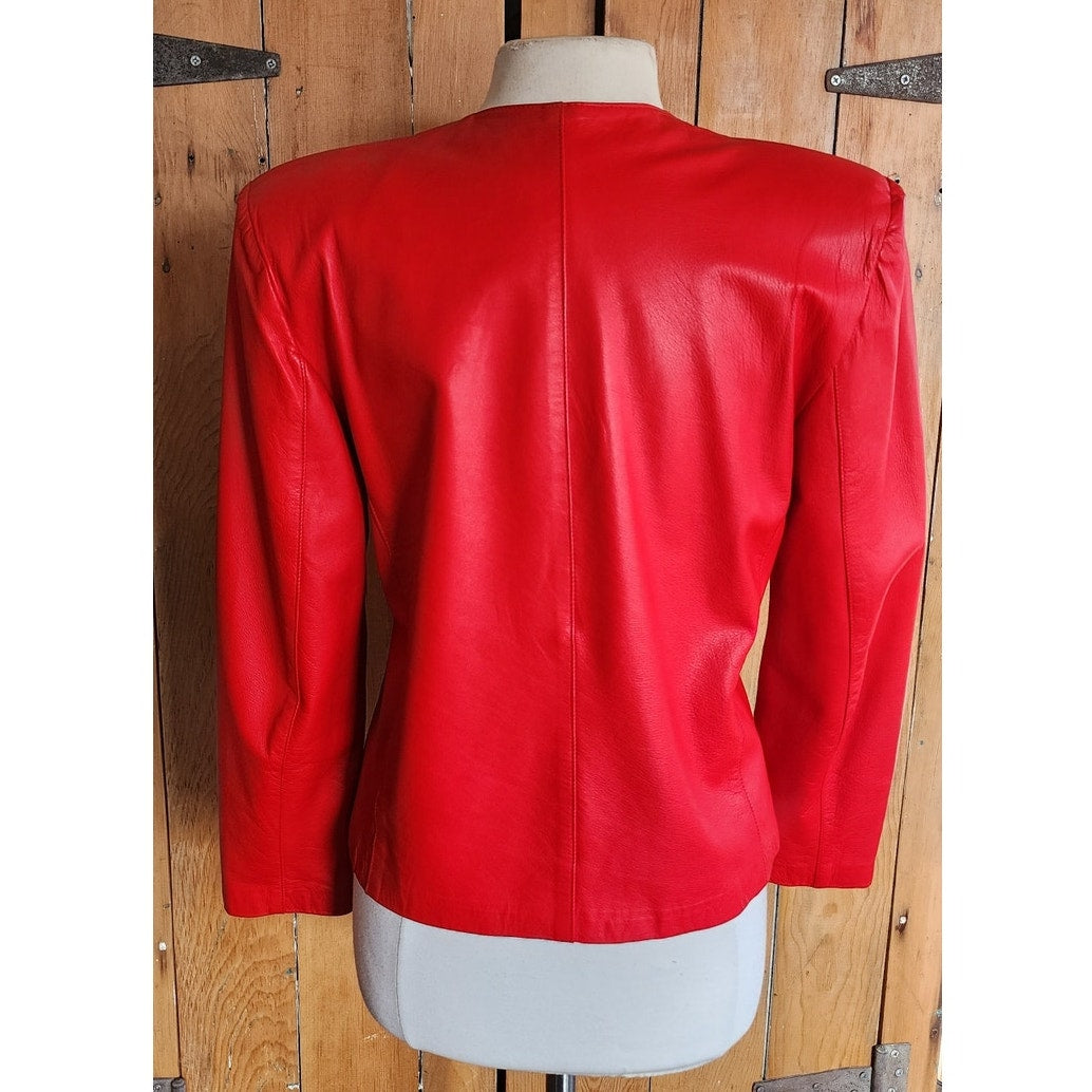 Vintage 80s Red Leather Jacket Snap Front Closure / S