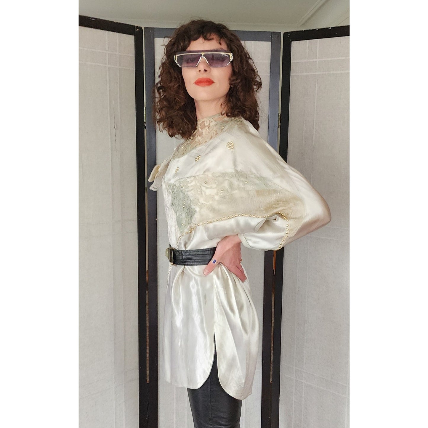 Vintage 80s Maick Harold Blouse Tunic Velvet Lace Sequins Applique Embroidery