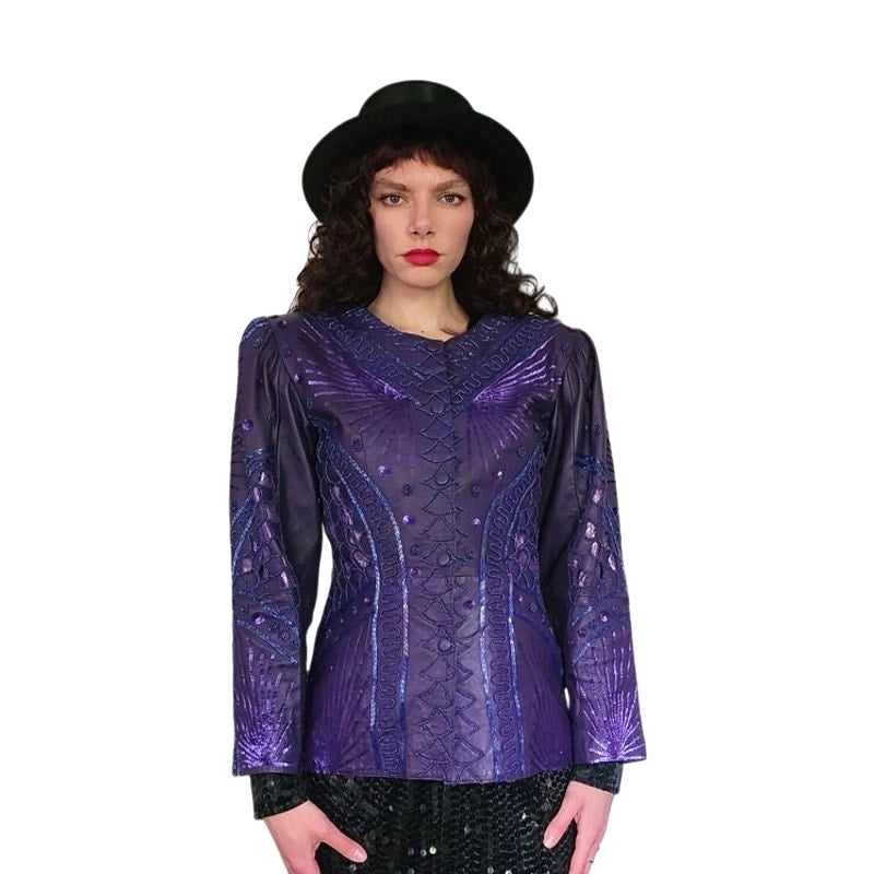 Vintage 80s Purple Leather Blazer Beaded Sequined Jacket French Collizioni / M