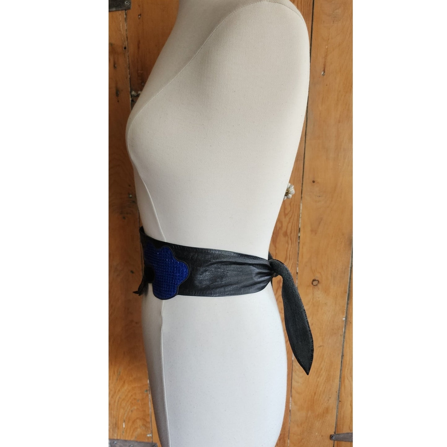 Vintage 1980s Belt Snakeskin Leather Blue Beige Black Sash Tie