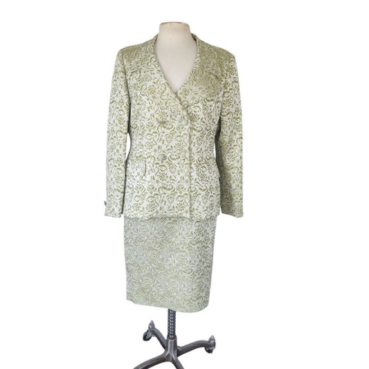 Vintage 80s ESCADA COUTURE Skirt Suit Green Cream Silk Jacquard Leafy Print / L