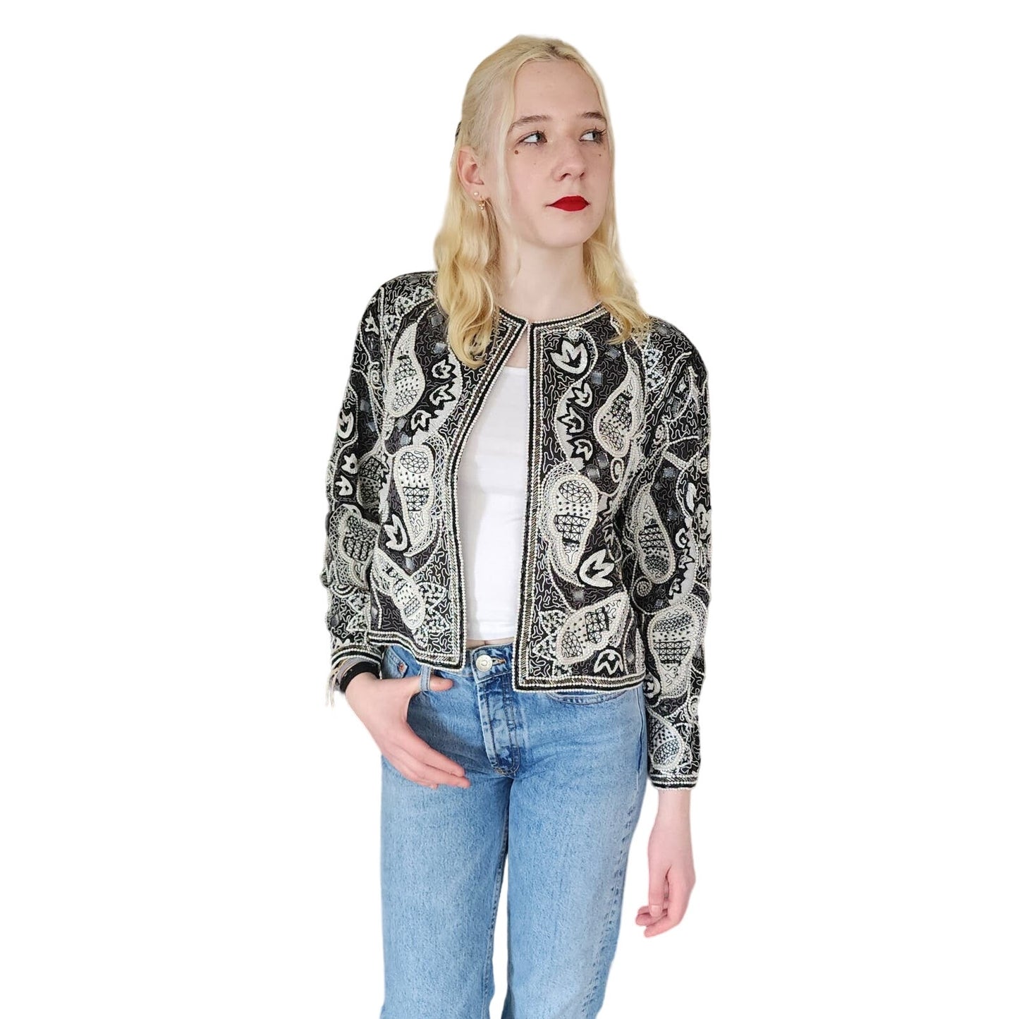 Vintage 80s Beaded Blazer Judith Ann Cropped Jacket Black & White Paisley