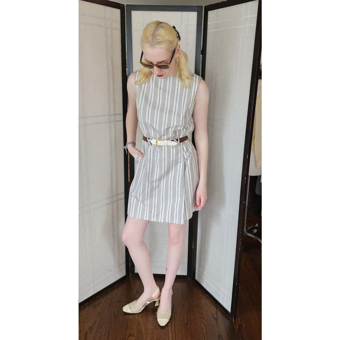 Vintage 60s Striped Romper Beige Black Belted