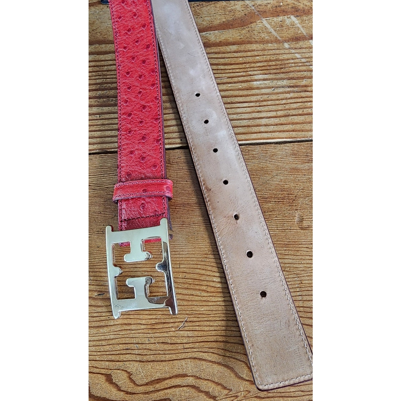 Vintage Escada Belt Red Ostrich Leather Gold E Letter Buckle