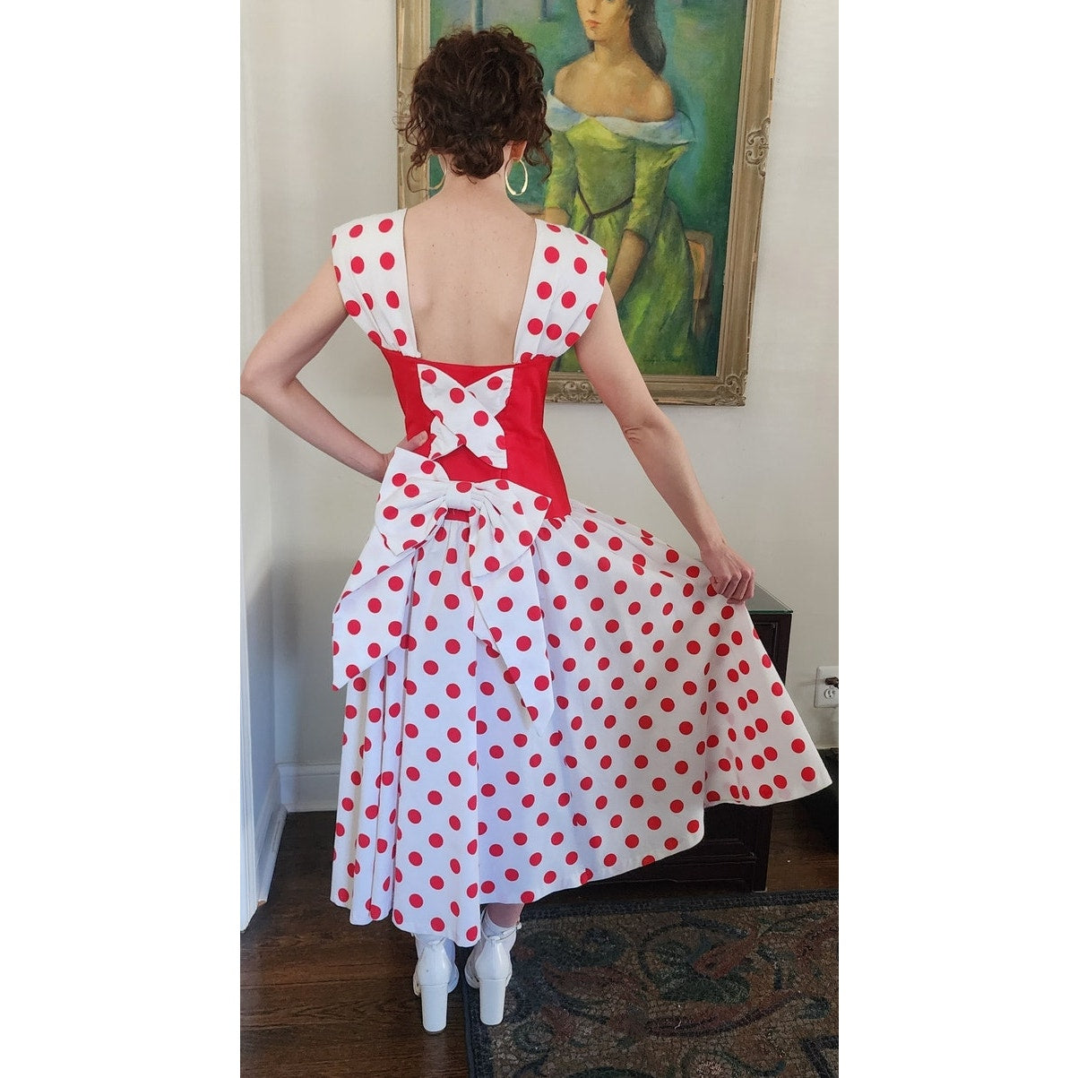Vintage 80s Polka Dot Print Dress Red White Leslie Lucks