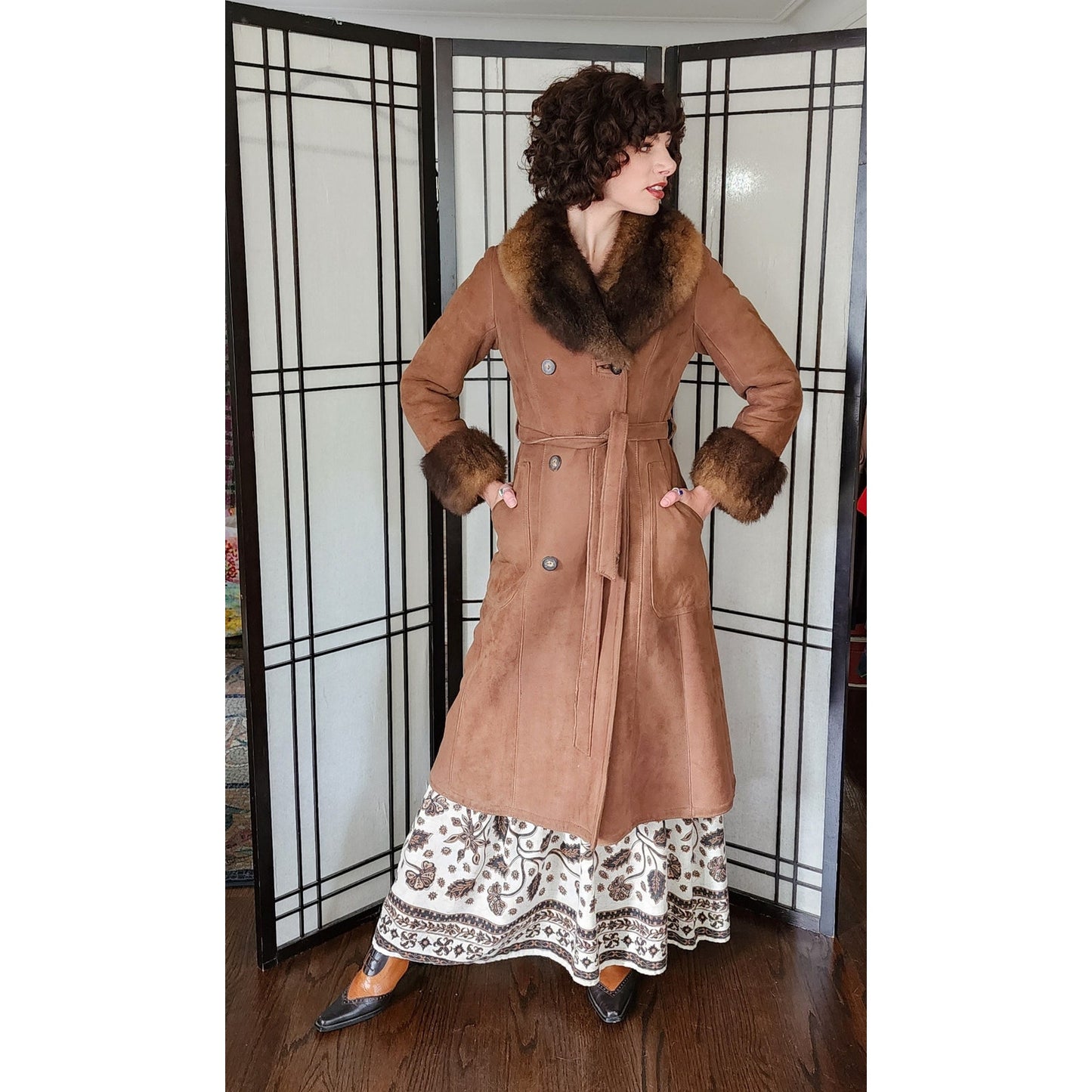 Vintage 70s Brown Suede Afghan Coat Shearling Lined Collar Cuffs Petite