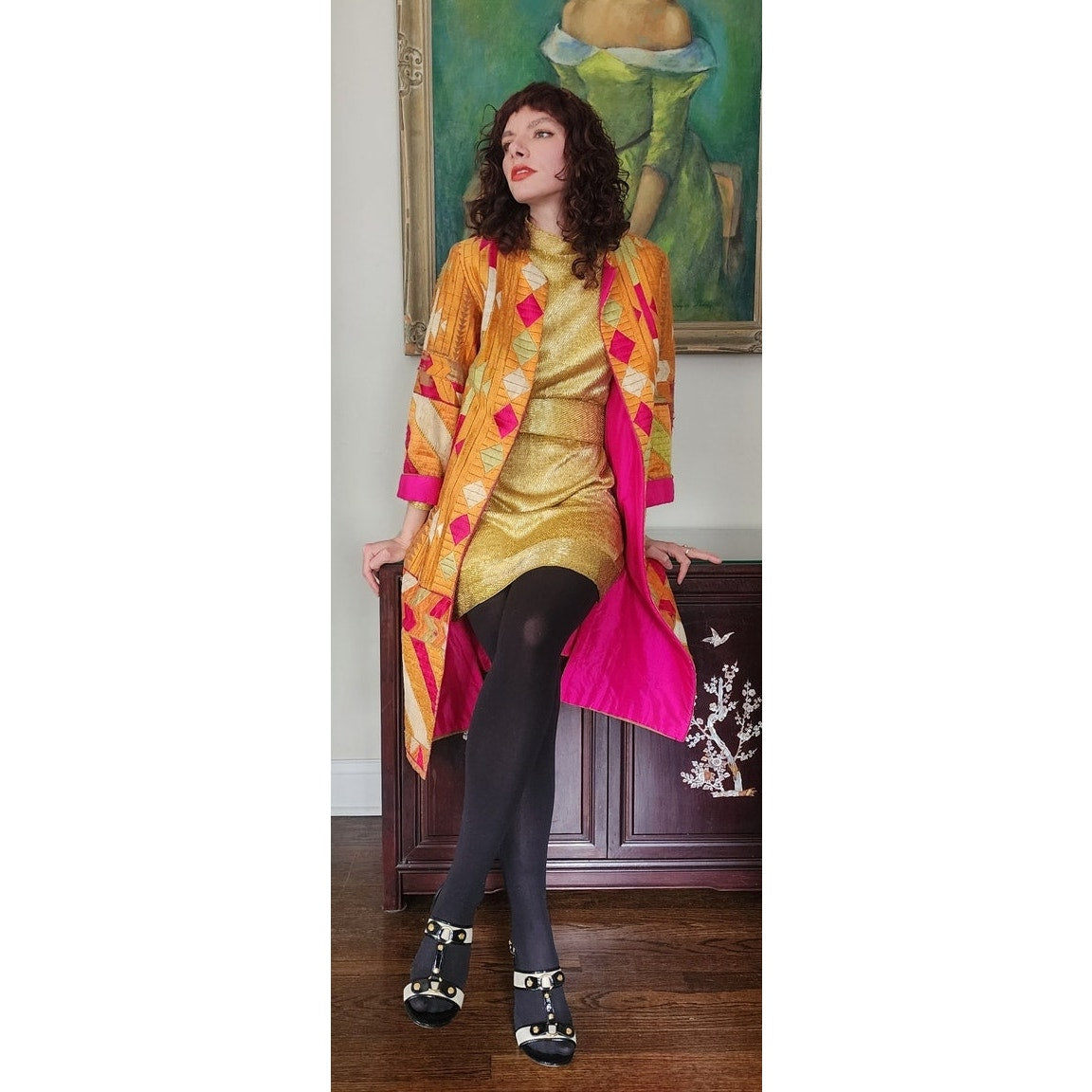 Antique Silk Patchwork Coat Artistinal Boho Gold Fuschia Folk Geometric