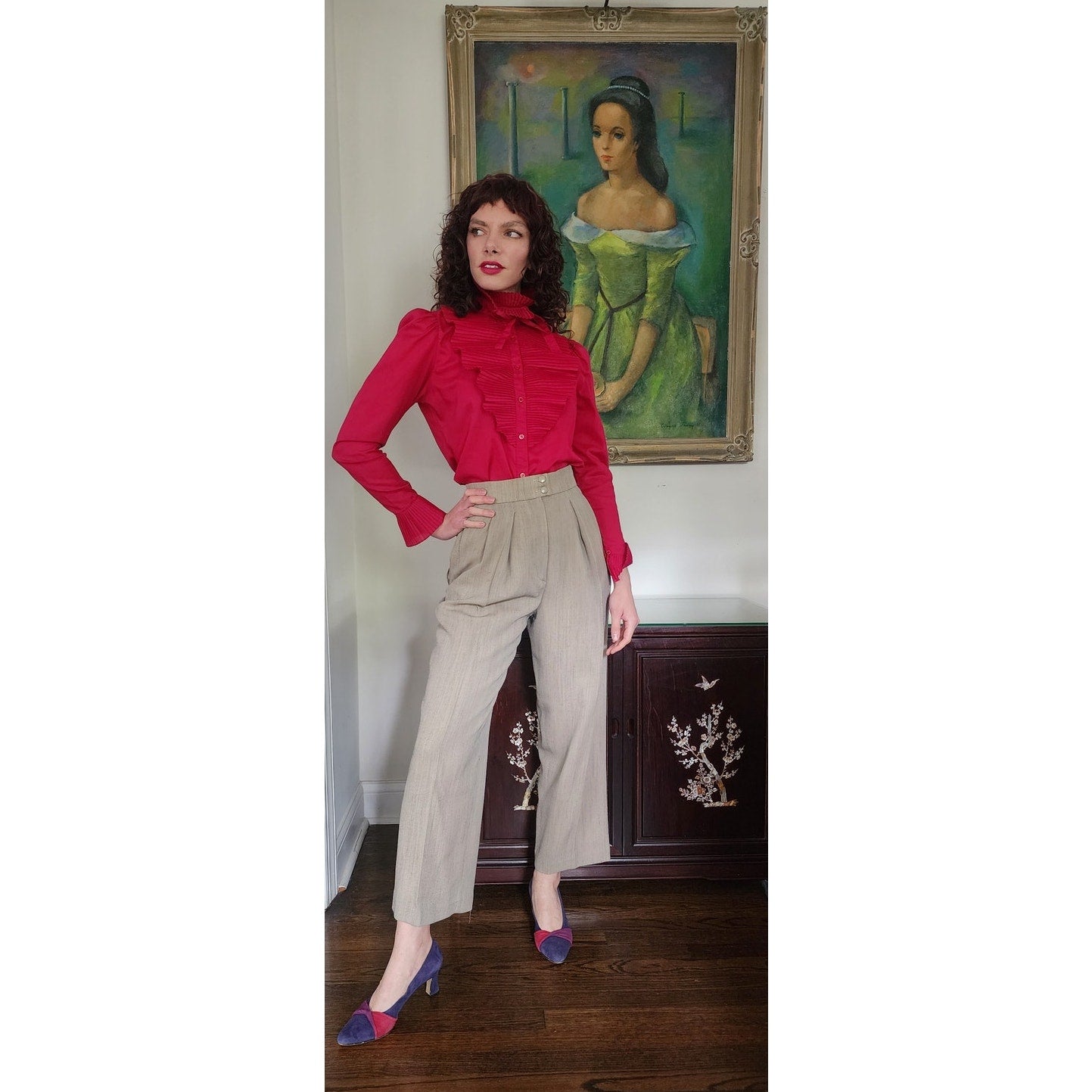 Vintage 80s Fuschia Blouse Ruffled Front Shirt 1 Park Ave
