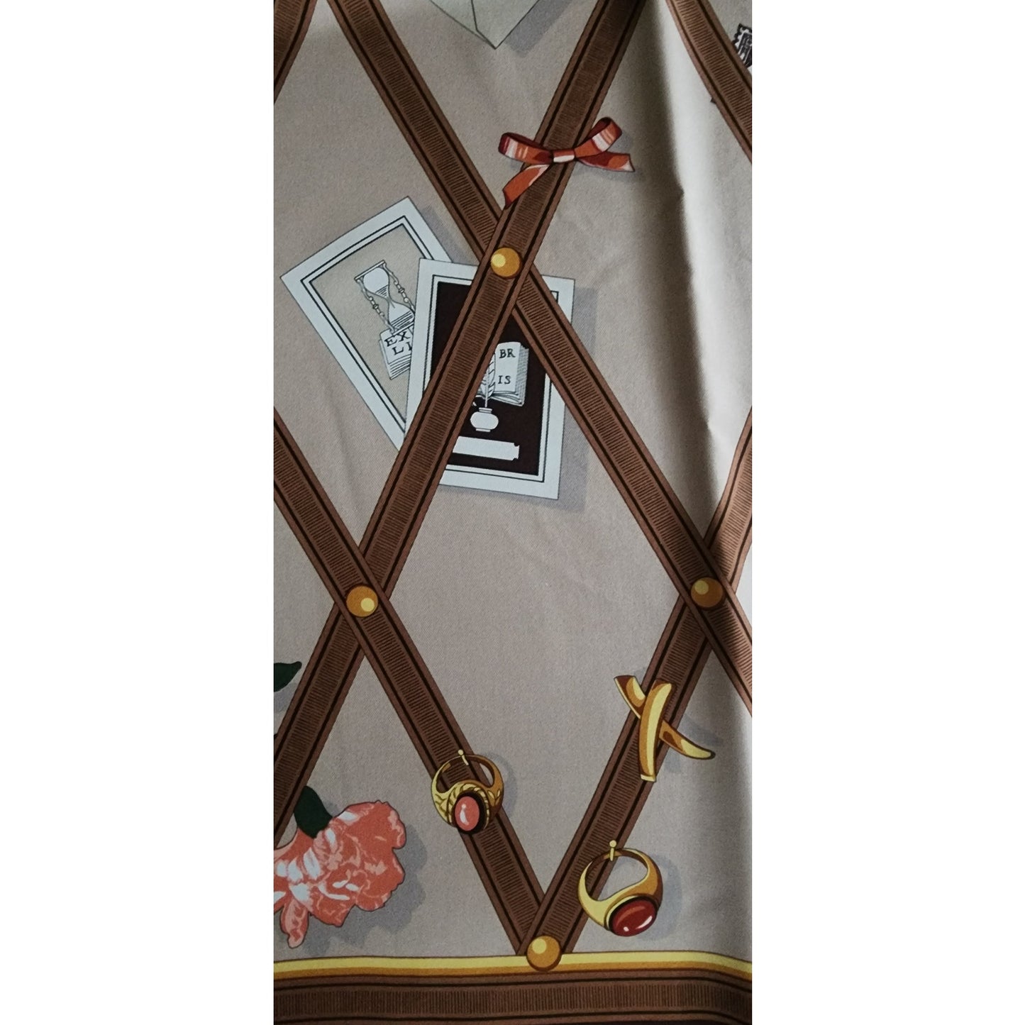 Vintage 90s Paloma Picasso Scarf Silk Brown Beige Novelty Print Bulletin Board