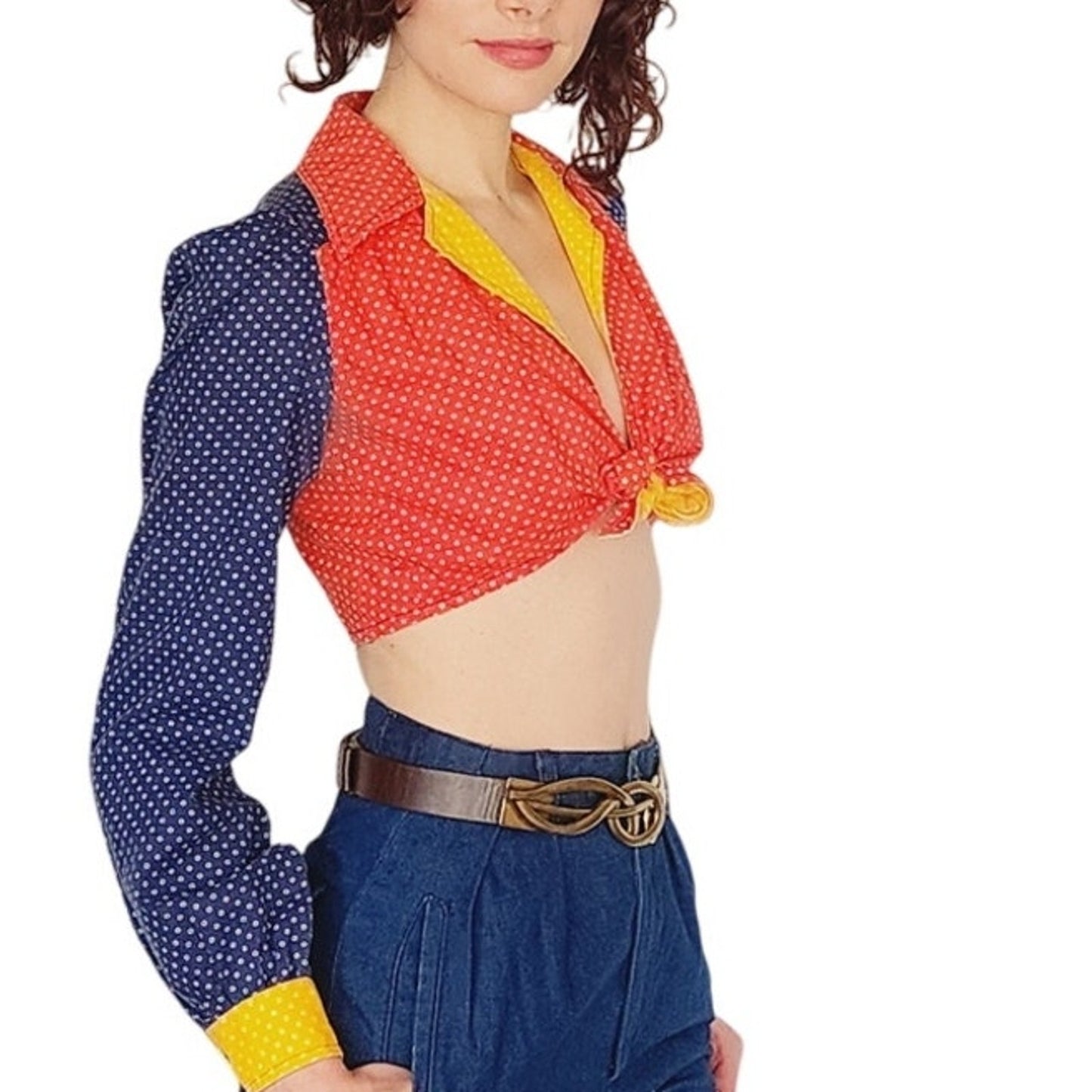 Vintage 70s Crop Top Tie Front Gingham Colorblock Hippie Boho Sweet Baby Jane