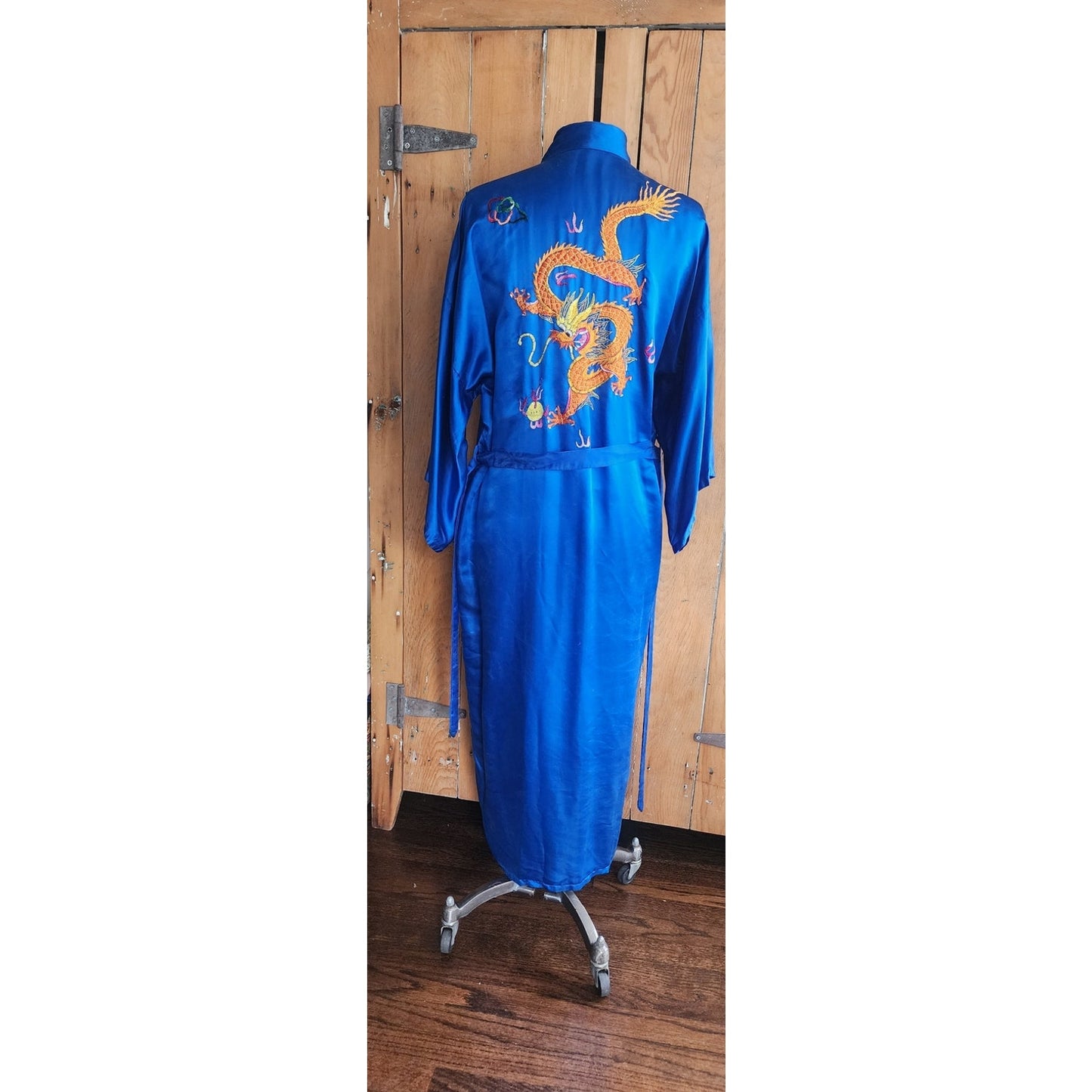 Vintage Chinese Dragon Robe Embroidered Blue Silk Esme