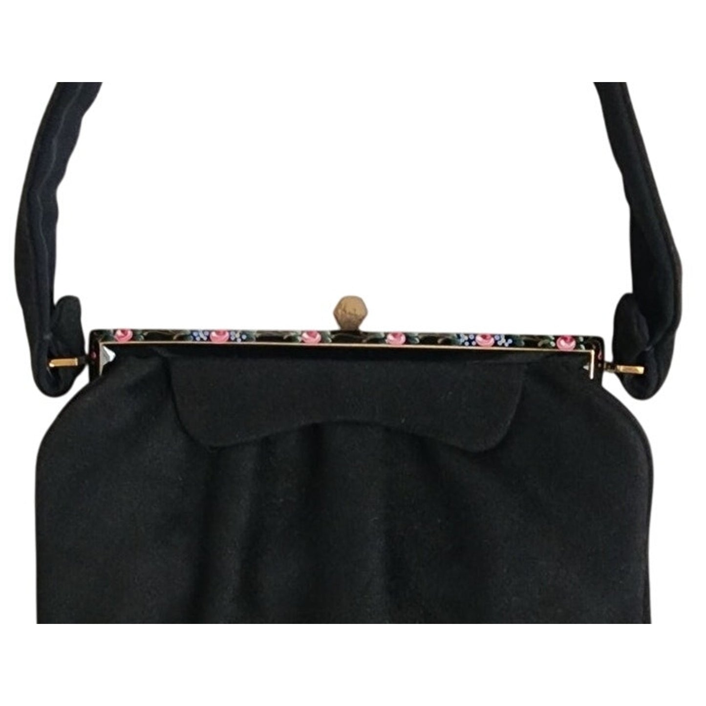 Vintage 40s Rosenfeld Handbag Black Brushed Suede Floral Enamel Frame