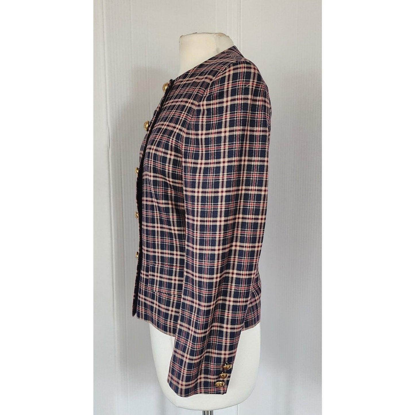 Vintage 80s Jaeger Blazer Navy Blue Brown Plaid Wool Blend