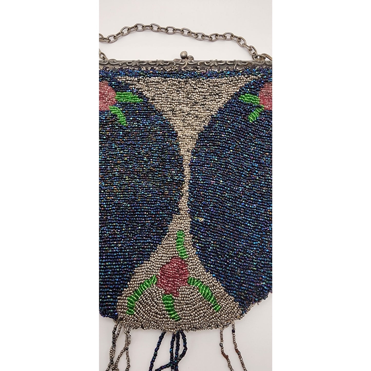 Vintage 1920s Beaded Bag Blue Silver Flapper Purse Martini Glass Design