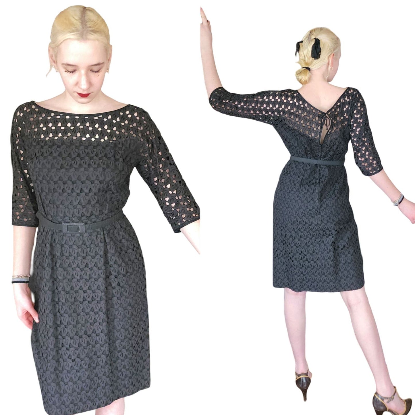 Vintage 50s Black Cocktail Dress Cut Lace Keyhole Back / M