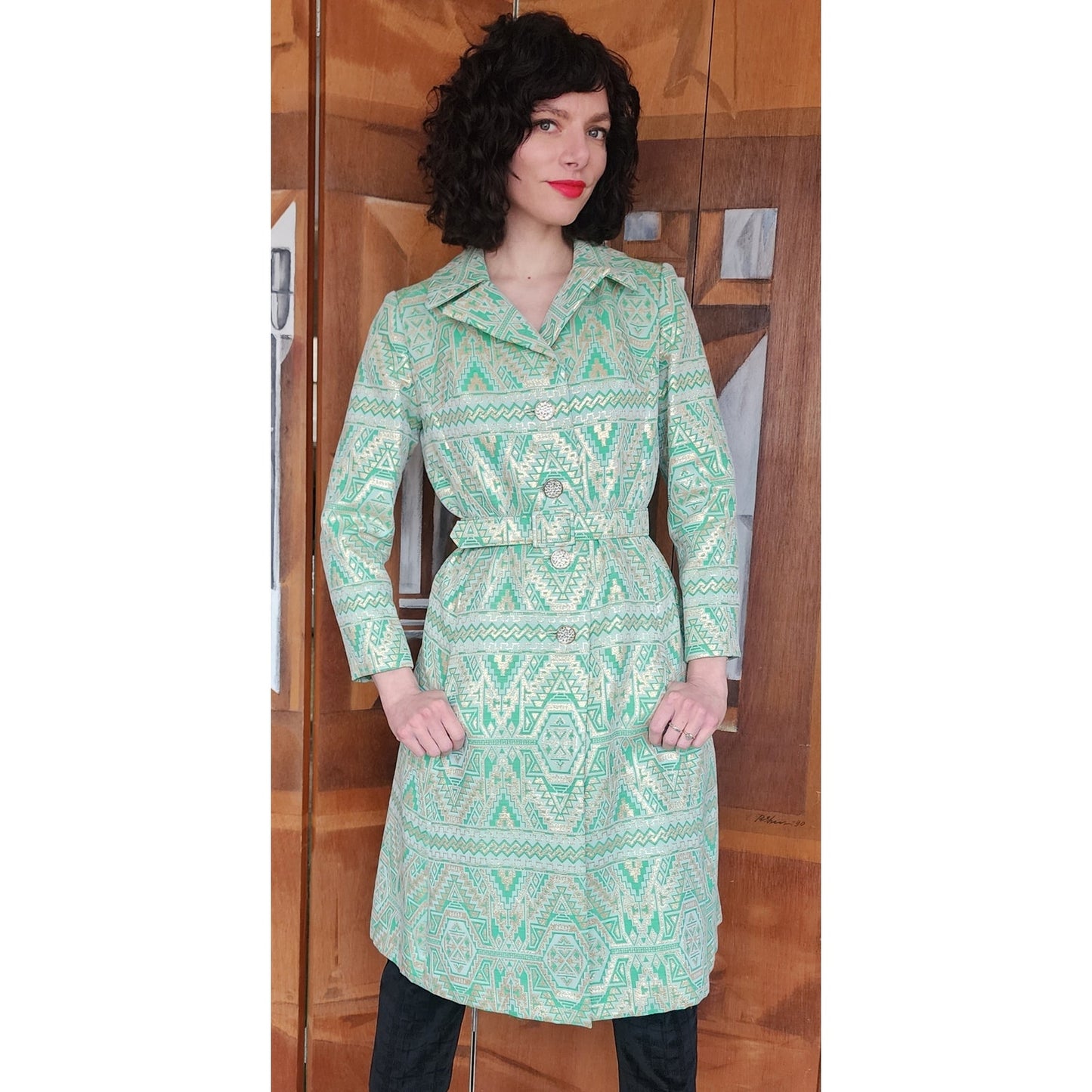 Vintage 60s Geometric Print Green Coat Mod Belted Chas A Stevens Medium