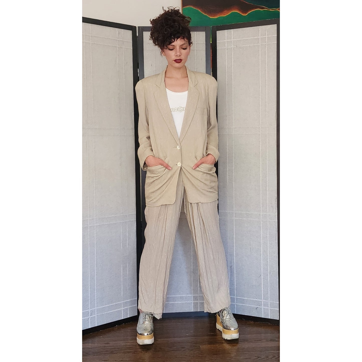 Vintage 80s 90s DONNA KARAN Pant Suit Beige Silk
