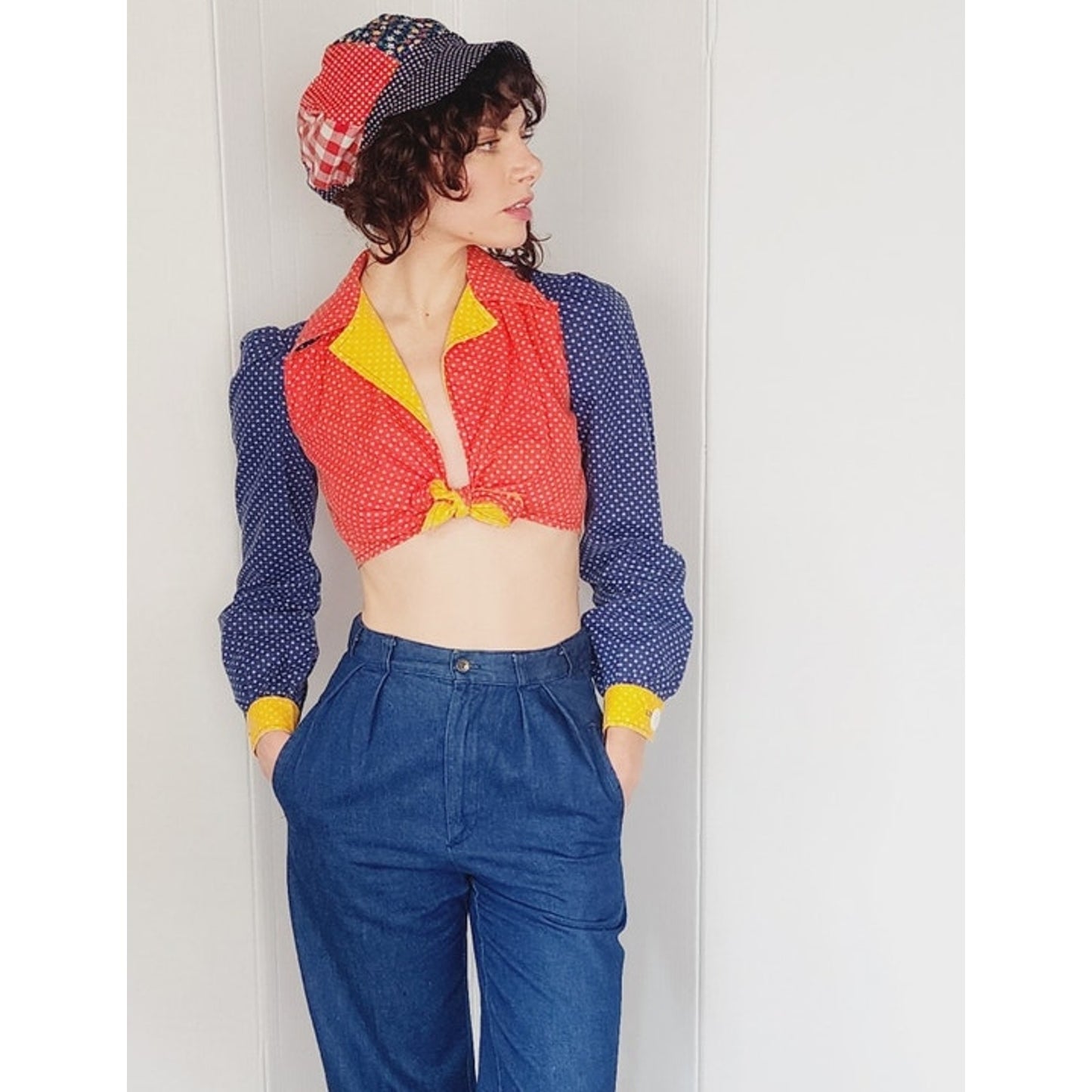Vintage 70s Crop Top Tie Front Gingham Colorblock Hippie Boho Sweet Baby Jane