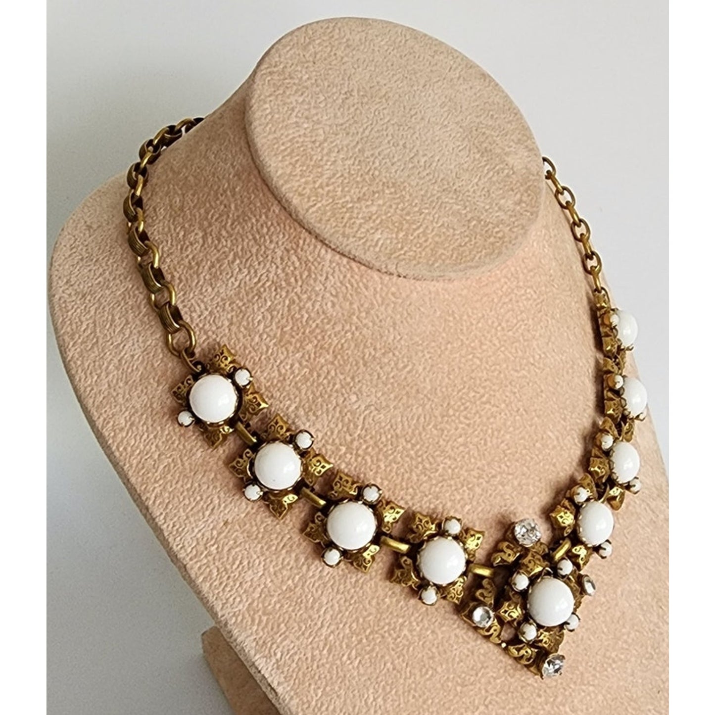 1960s Choker Necklace White Milk Glass & Gold Baroque Style