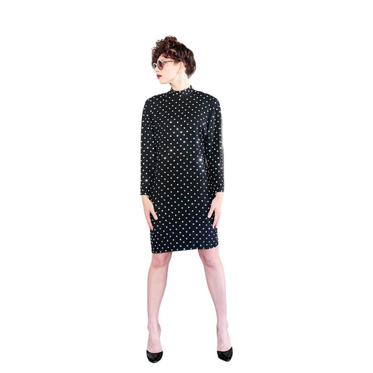 Vintage 80s Rhinestone Beaded Dress Black Long Sleeves by Richilene / M