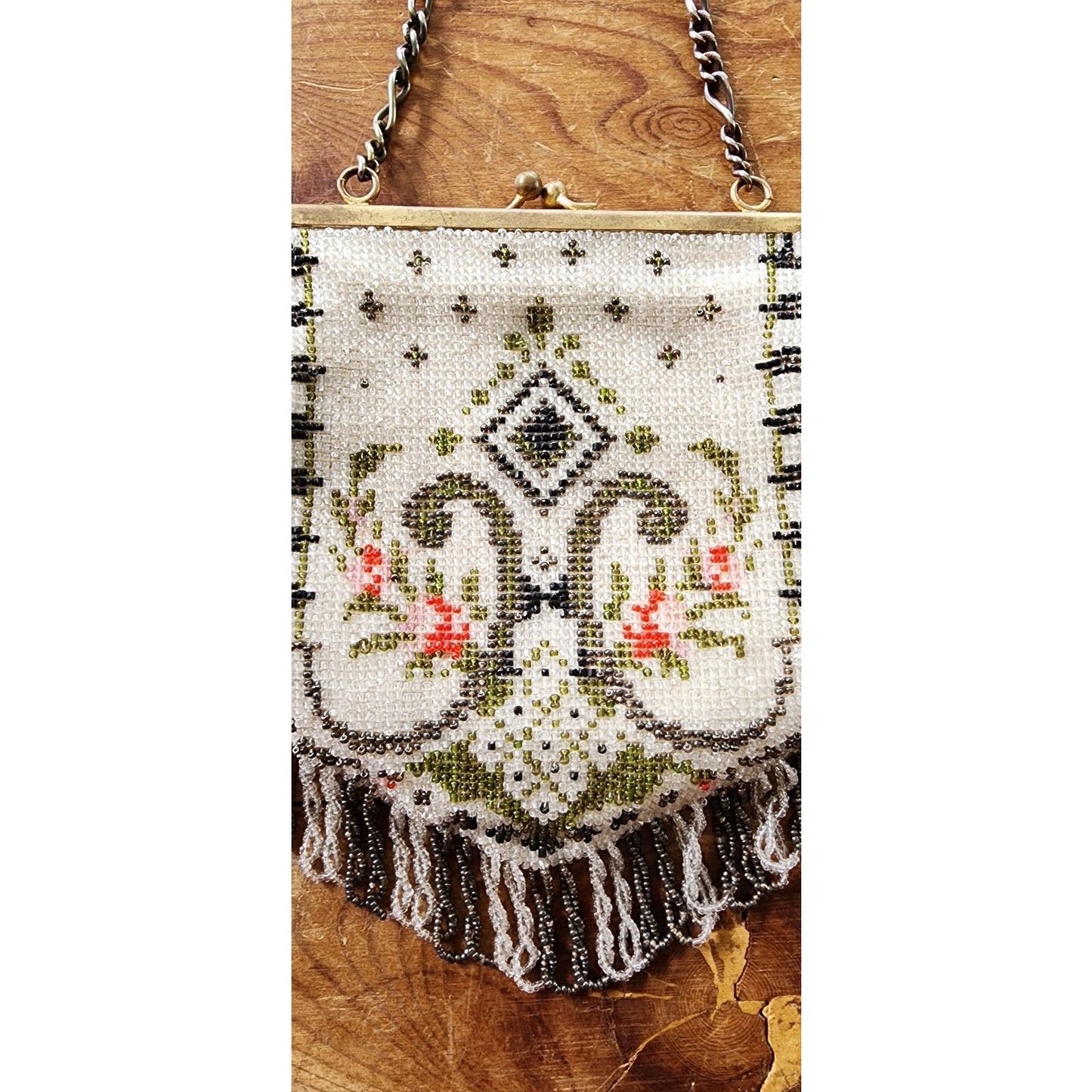 Vintage Beaded Bag Art Deco Style Glass Bead Purse Fringed
