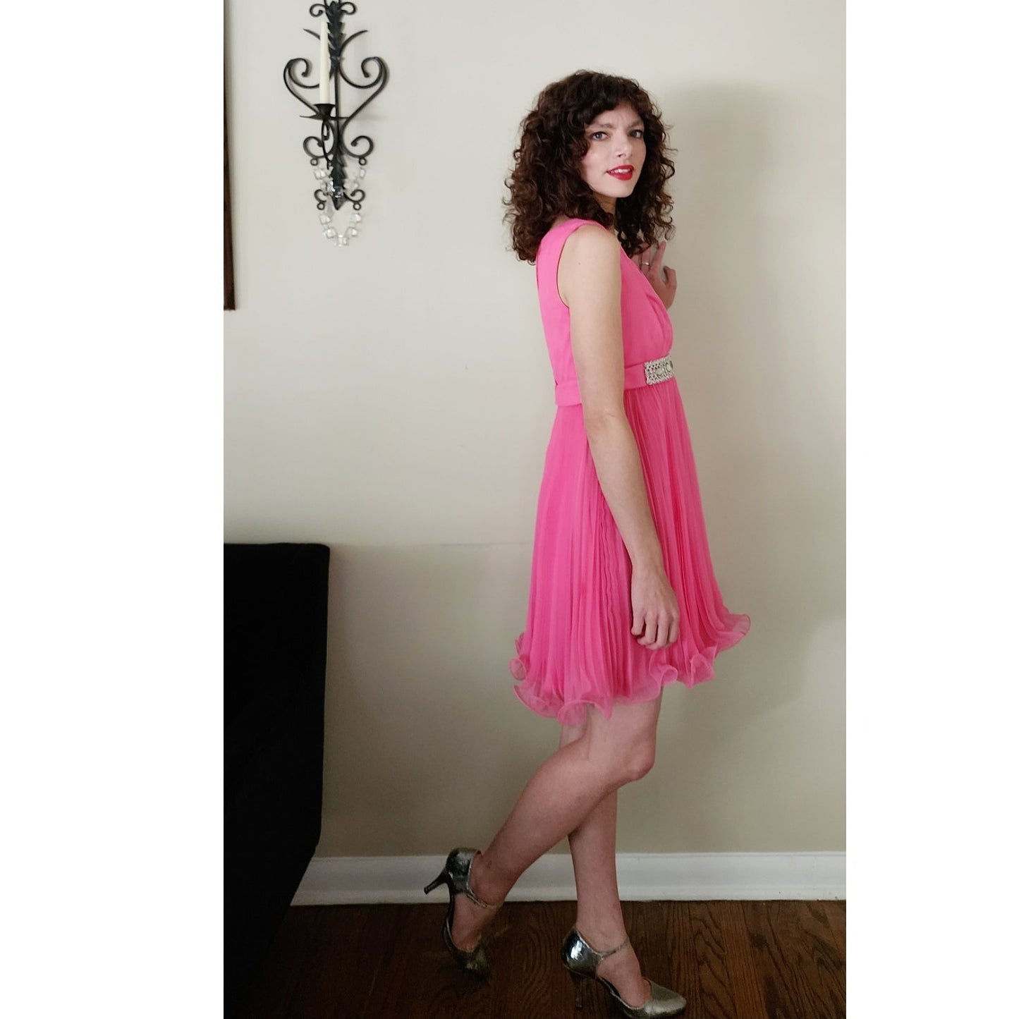 Vintage 60s Hot Pink Party Dress Pleated Skirt