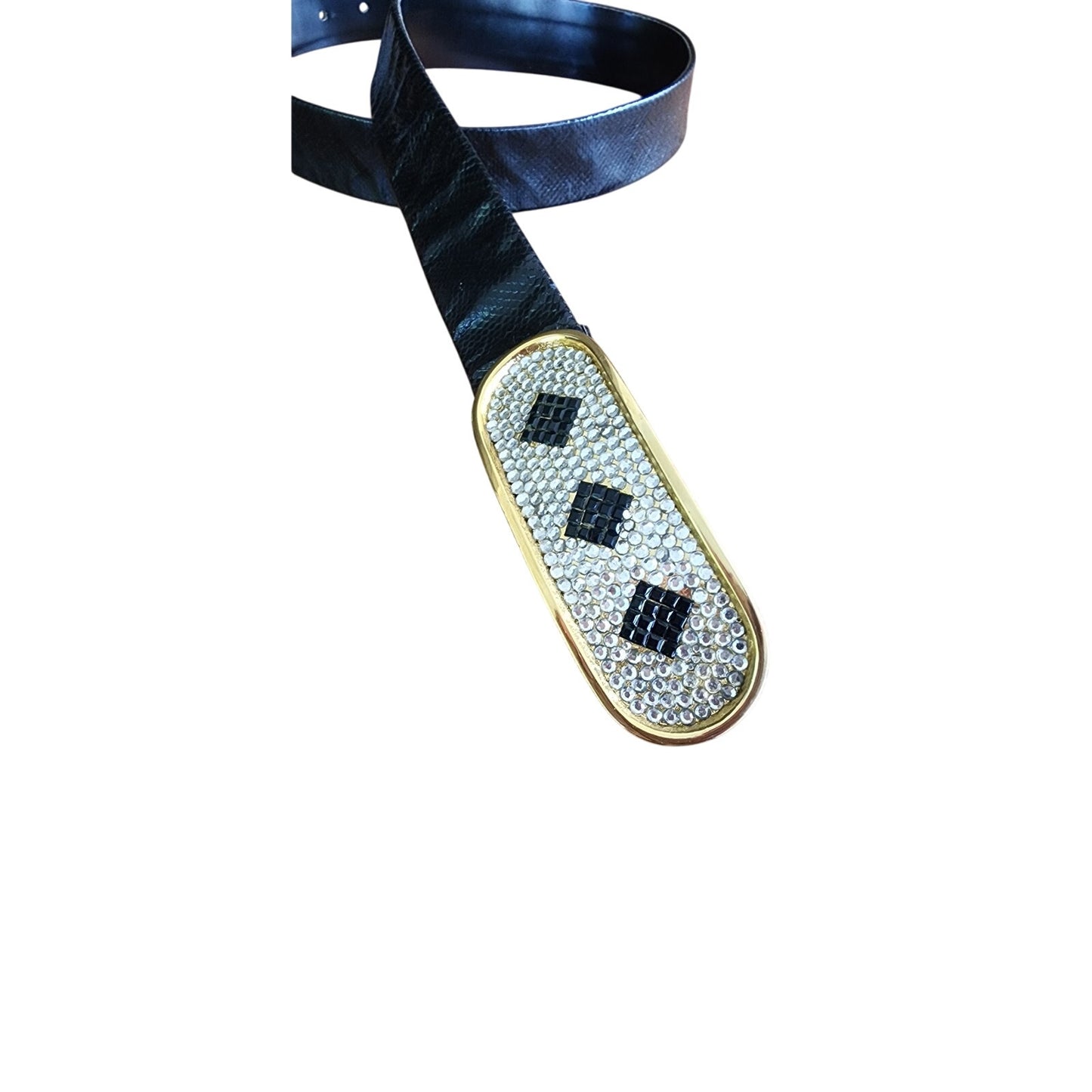 Vintage 80s Belt Rhinestone Buckle Black Leather /