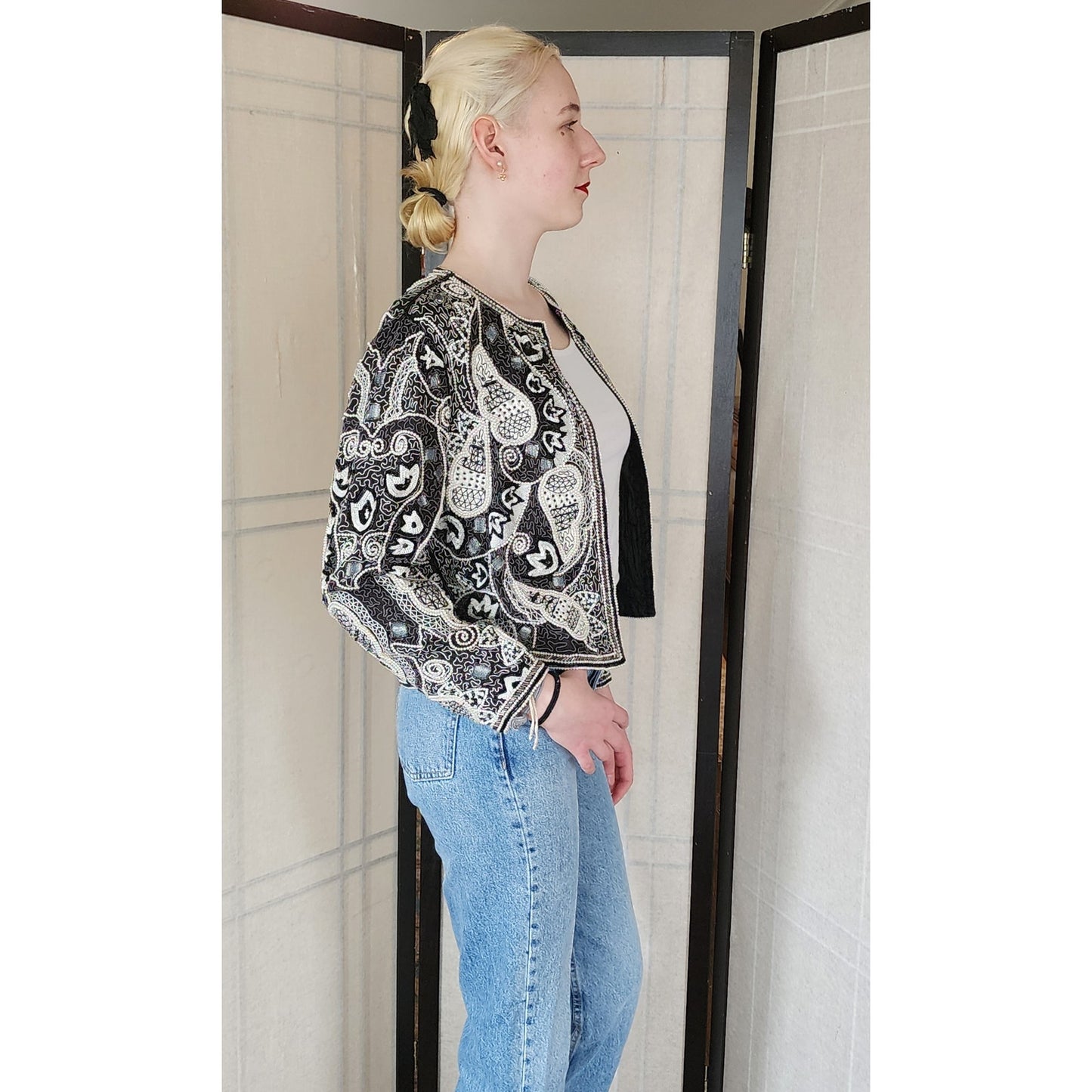 Vintage 80s Beaded Blazer Judith Ann Cropped Jacket Black & White Paisley