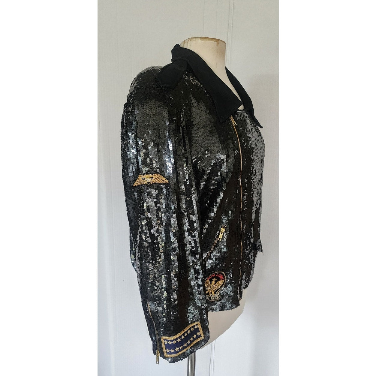 Vintage 80s Bomber Jacket Black Sequins Gold Eagle Motorcycle Patches Neiman Marcus / L