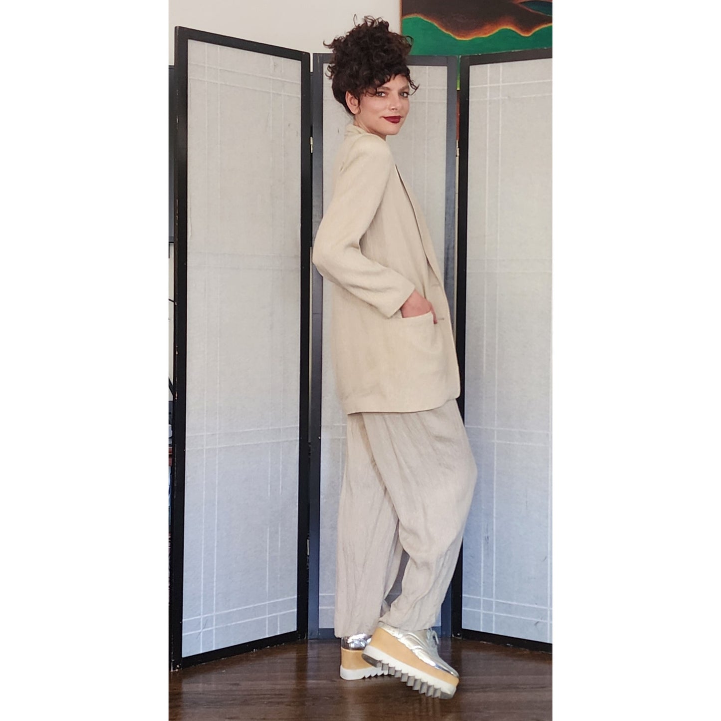 Vintage 80s 90s DONNA KARAN Pant Suit Beige Silk